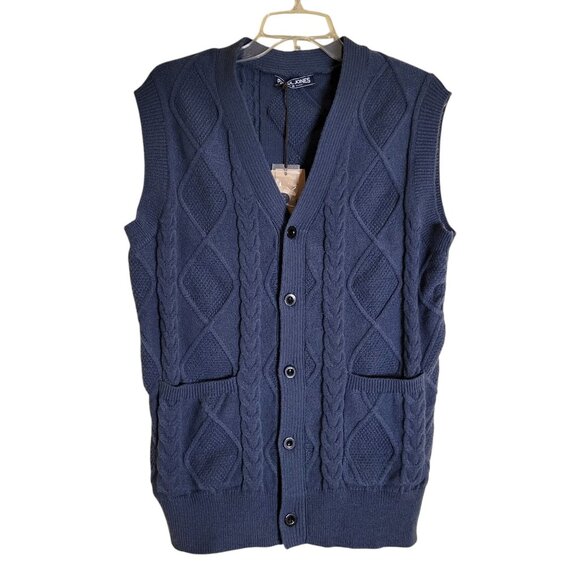 Men's PJ Paul Jones Cardigan Sweater Vest Size M Steel Blue Cable Knit Pockets - Picture 2 of 6